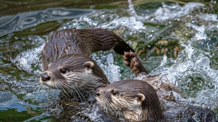 Two Otters Swimming in Water with Splashing Ripples and Playful Expression
