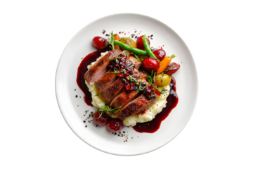 Roast duck breast with mashed potatoes, vegetables, and berry sauce on a white plate, isolated on transparent background