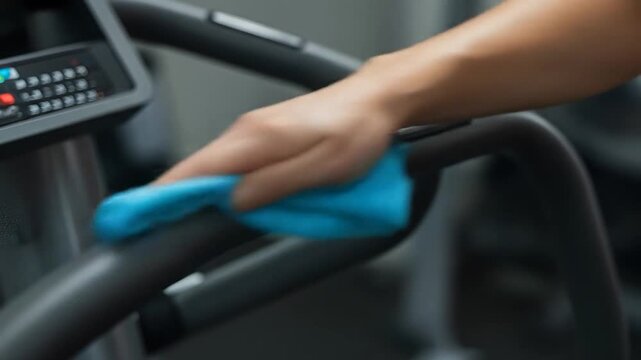 Person cleaning treadmill handlebars