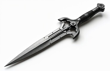 Obraz premium Lethal combat dagger, precise balanced design, isolated on solid white. Metallic steel blade with sharp point. Practical tool for tactical use, survival situations, or collecting. Features dark grip.