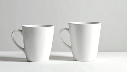 Fototapeta premium Two blank white mugs on a white surface minimalist aesthetic