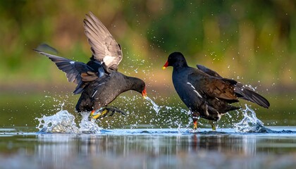 A vibrant image captures two aquatic birds engaged in a dynamic interaction, splashing water, set amidst a naturalistic environment
