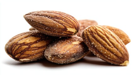 Roasted almonds forming a small pile on white background