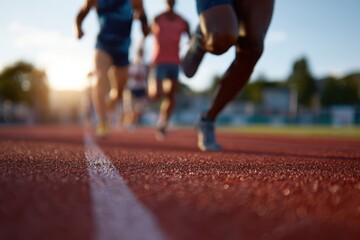 Team athletes training on a track field with determination and focus during morning practice