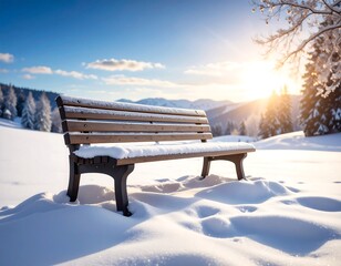 Winter park bench in snow