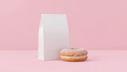 Minimalist mockup with white paper bag and donut with cream filling and coconut flakes on pastel pink background