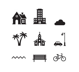 Fototapeta premium Vector icon set of house and city buildings, architecture illustrations with real estate design elements