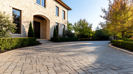 Fototapeta premium Stone house with brick driveway and landscaped front yard, under a clear blue sky. Greenery contrasts with the building's facade and driveway.