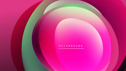 Abstract layers create vibrant circular design. Pink, green hues blend against dark backdrop. Modern, dynamic visual element.