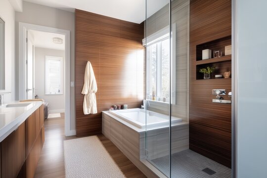 Modern compact bathroom featuring wooden panels and built-in soaking tub