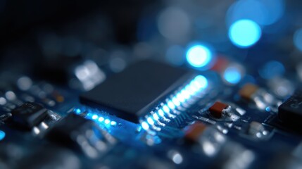 A macro shot of a motherboard with glowing blue light, conveying the concept of fast data processing and technology.