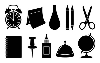 Collection of Black and White School and Office Supplies Icons