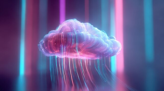 Abstract digital cloud with neon light streaks and rain