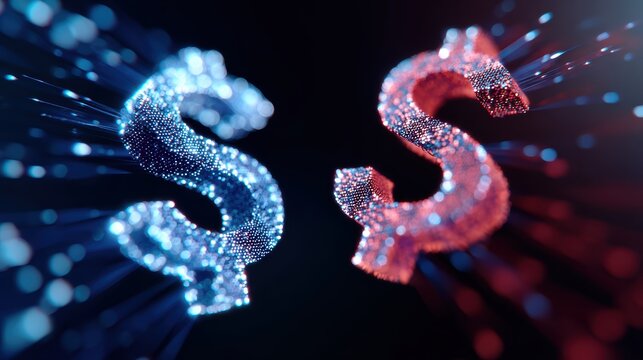 The concept of fintech, visually represented by money and technology symbols merging in an abstract digital space.