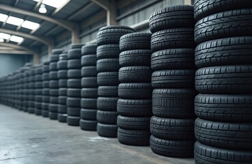 Obraz premium Stacks of used car tires fill warehouse storage facility. Black rubber tires arranged in orderly rows, columns, creating repetitive pattern. Industrial scene shows inventory for automotive industry,