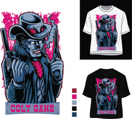 Colt Game T-Shirt Design | Skull Cowboy Vector Illustration | Western Horror Skeleton Artwork Print Design