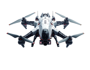 Futuristic drone with four rotors, sleek white and gray design, angled chassis, and camera