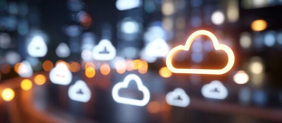 Glowing cloud icons overlayed on a blurry cityscape at night, symbolizing data and connectivity