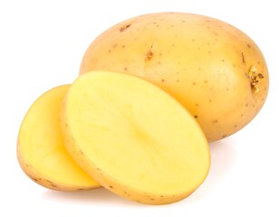 Potato whole and sliced, bright yellow flesh