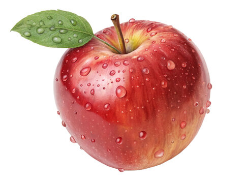 Fresh red apple with water droplets isolated on transparent background, a symbol of health, nutrition, and the crispness of autumn