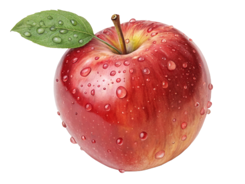 Fresh red apple with water droplets isolated on transparent background, a symbol of health, nutrition, and the crispness of autumn