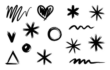 Collection of Hand-Drawn Black Symbols and Shapes on White Background