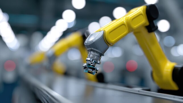 Robotic assembly line with multiple arms efficiently building smartphones under bright factory lights