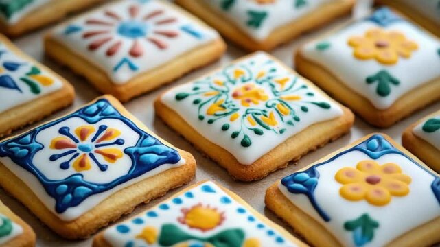 Colorful tile-inspired iced cookies with intricate floral designs. Cinco de Mayo, Battle of Puebla Day, Mexican Heritage Festival - Latin American Cultural Celebration