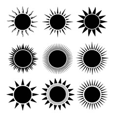 Collection of Nine Black Sun Icons with Varying Rays