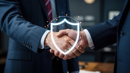 Partnership Pledge: Two professionals in tailored suits seal a deal with a firm handshake, a radiant shield symbol overlaying their joined hands, signifying security and a steadfast partnership.