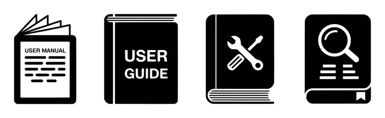 Collection of User Manual and Guide Icons: Open Book, Wrench, Magnifying Glass