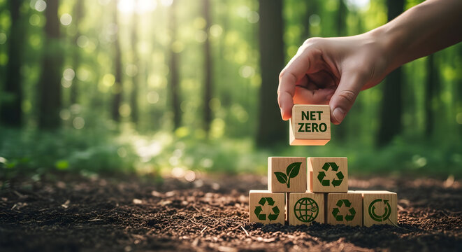 Building net zero future with green sustainability symbols in forest