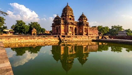 Naklejka premium A serene ancient stone structure reflects beautifully in a tranquil water feature, showcasing intricate architectural details and lush greenery.