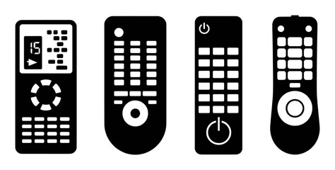 Four black and white icons of remote controls with various buttons and displays