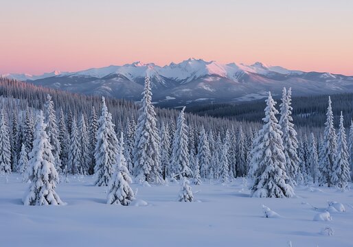 A breathtaking winter landscape with snow-covered pine trees and majestic mountains under a beautiful sunset sky