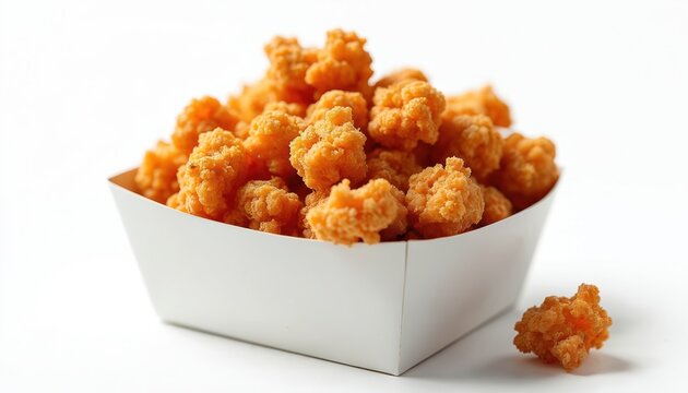 Crispy fried chicken popcorn served in white cardboard box. Golden brown, savory bites offer crunchy, delicious snack. Perfect for fast food, takeout, party platter. Indulgent finger food for
