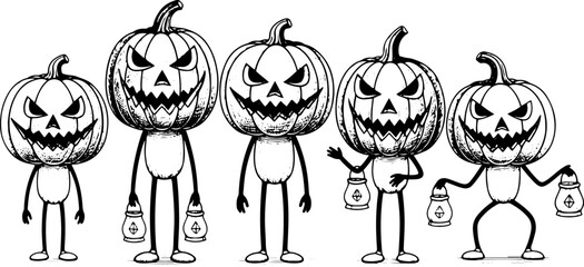 A Spooky Gathering Five Carved Pumpkins Ready for Halloween Festivities and Trick-or-Treating