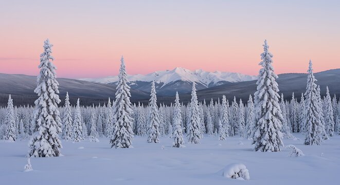 A breathtaking winter landscape with snow-covered pine trees and majestic mountains under a beautiful sunset sky