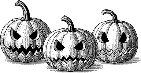 Three menacing jack-o'-lanterns with sinister carved faces, depicted in a vintage engraved style, perfect for Halloween designs and eerie seasonal themes