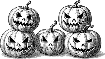 Stack of spooky hand-drawn jack-o'-lanterns, a classic black and white illustration depicting Halloween night festivities and traditional autumn decorations