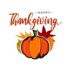 Pumpkin and autumn leaves on Thanksgiving Day. Greeting card.