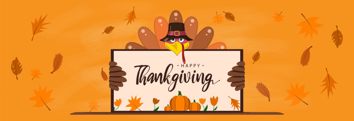 A turkey holding a sign with the inscription. Happy Thanksgiving to God for the harvest.