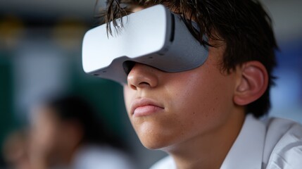 A student using virtual reality goggles to explore a simulated 3D environment in a classroom