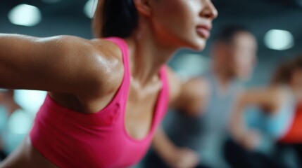 Fototapeta premium A dynamic shot of a fitness class in a gym, with people enthusiastically exercising.