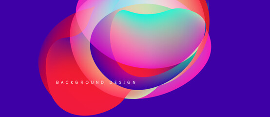 Abstract fluid shapes overlap, creating vibrant color gradients. Purple background enhances dynamic visual effect. Modern design element.