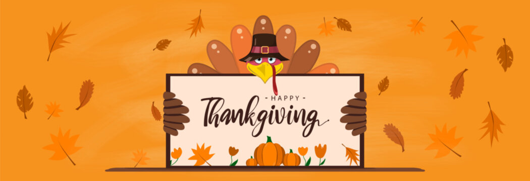 A turkey holding a sign with the inscription. Happy Thanksgiving to God for the harvest.