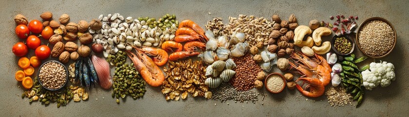Assorted Nuts, Seeds, and Seafood Variety Flat Lay