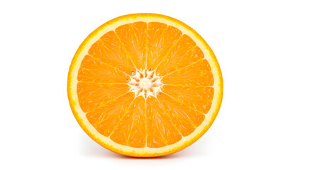 Fototapeta premium A vibrant, juicy half of a fresh orange, perfectly sliced to reveal its detailed segments and core, isolated on a clean white background.
