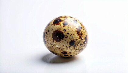Obraz premium Speckled quail egg on white surface with soft reflection