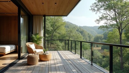 Fototapeta premium Spacious terrace with forest view. Eco-friendly hotel room design uses natural wood materials. Connects indoors with lush outdoor nature. Comfortable seating area, minimalist decor, bright sunlight.